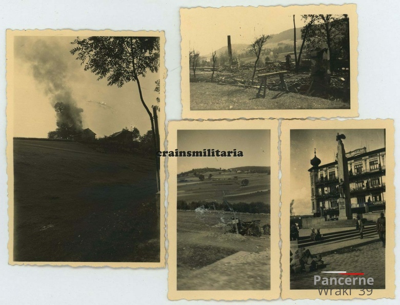[Z.Aufkl.Abt.(mot).08.001] #053 Foto Vormarsch 5.Pz.Div. in zerstörtes Polen 1939 Denkmal Krad Brand