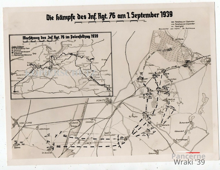 [Z.Inf.Rgt.(mot.).76.021] (r28) Polen 1939 Inf.Rgt.76 Marschplan Route Damnitz Schlochau Gr. Jenznick