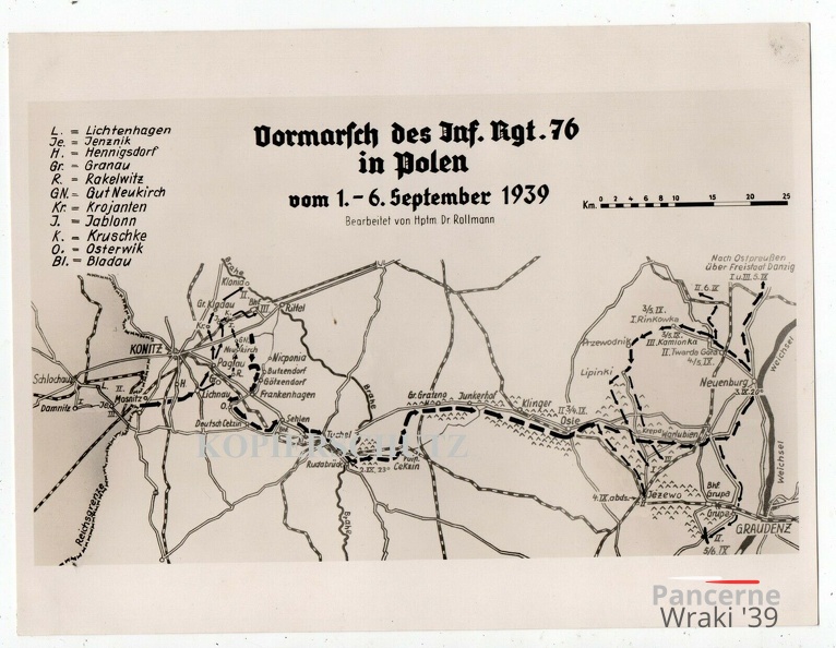 [Z.Inf.Rgt.(mot.).76.021] (r29) Polen 1939 Inf.Rgt.76 Marschplan Route Lichtenhagen Henningsdorf Jenznick