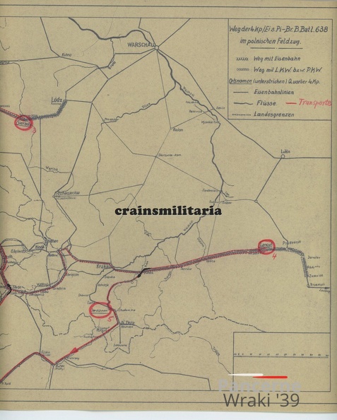 [Z.Eis.Pi-Br.B.Batl.638]  Orig. Karte Marschweg Br.Bau.Btl.638 in Polen 1939 Sieradz Jordanow Lancut Grune a